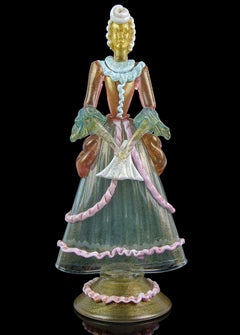 Murano Victorian Dress Woman Italian Sculpture Pink Blue Gold Flecks Art Glass