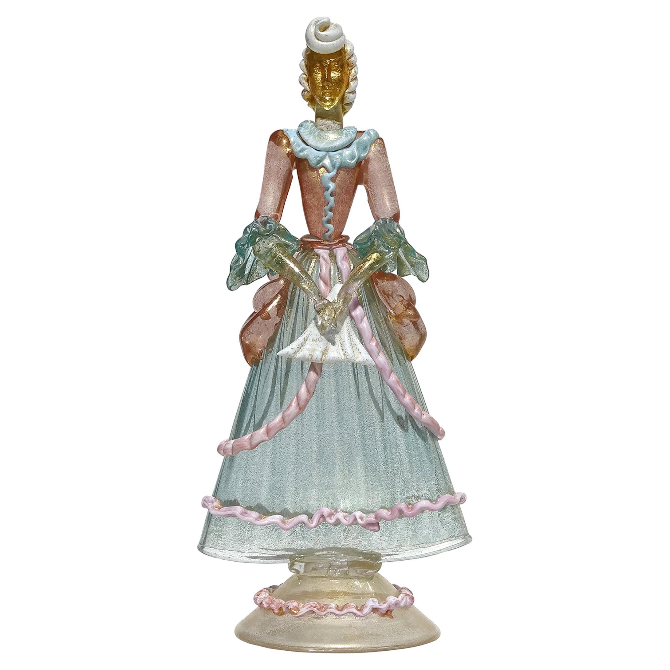 Murano Victorian Dress Woman Italian Sculpture Pink Blue Gold Flecks Art Glass For Sale