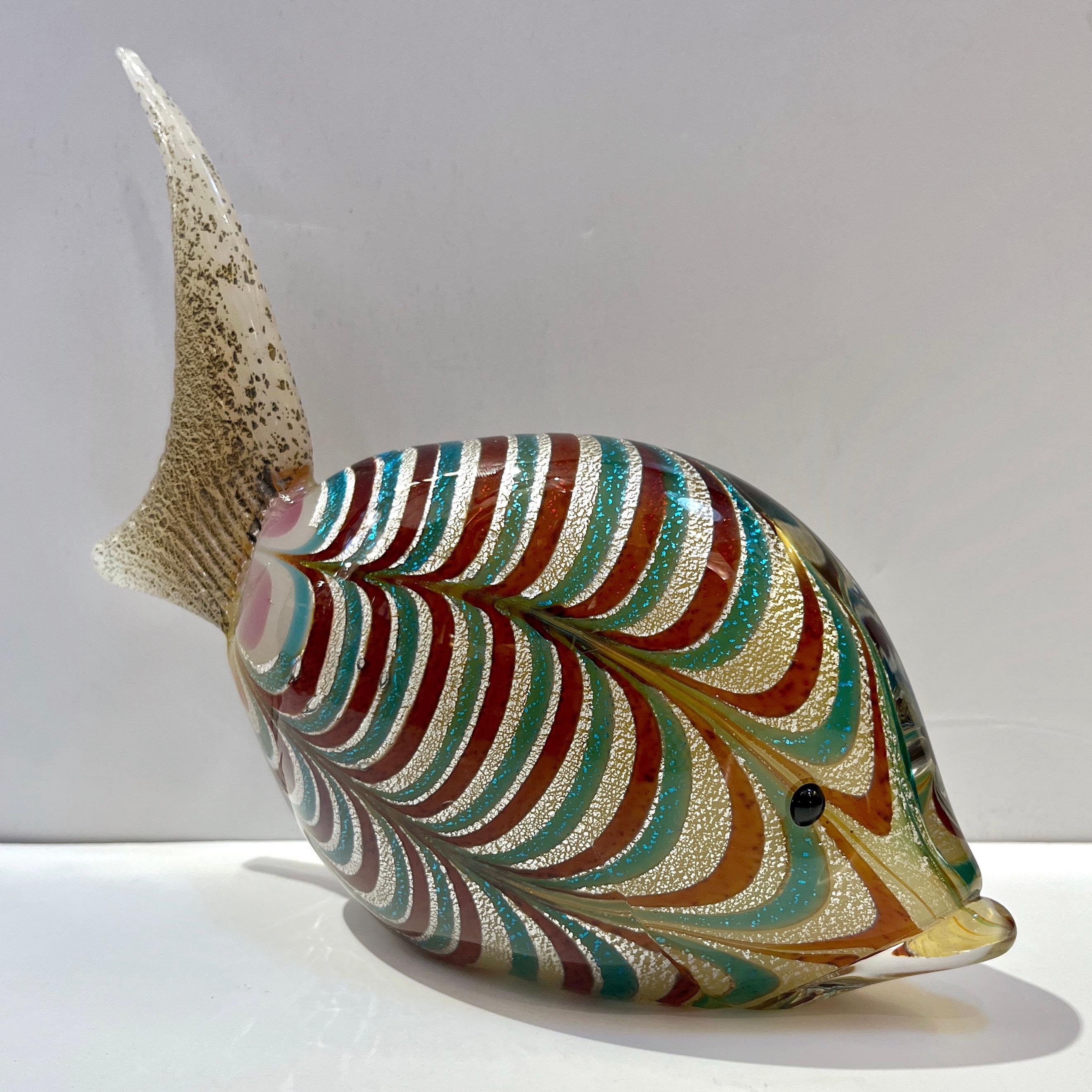 Murano Vintage Amber Silver Brown Turquoise Blue Art Glass Fish Sculpture 2