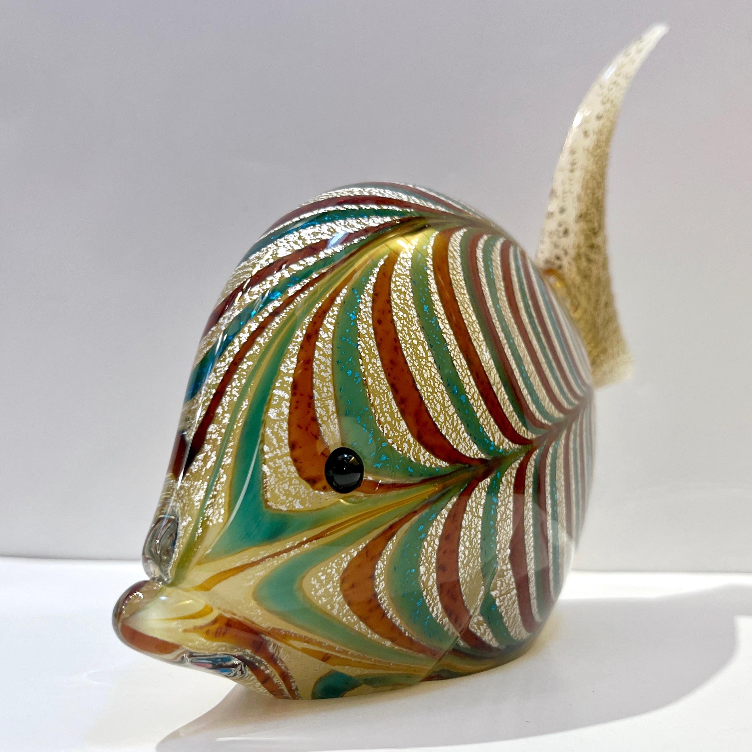Murano Vintage Amber Silver Brown Turquoise Blue Art Glass Fish Sculpture For Sale 1