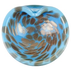 Murano Vintage Blue Aventurine Flecks Italian Art Glass Decorative Bowl Dish