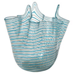 Murano Vintage Blue Copper Aventurine Ribbons Italian Art Glass Fazzoletto Vase