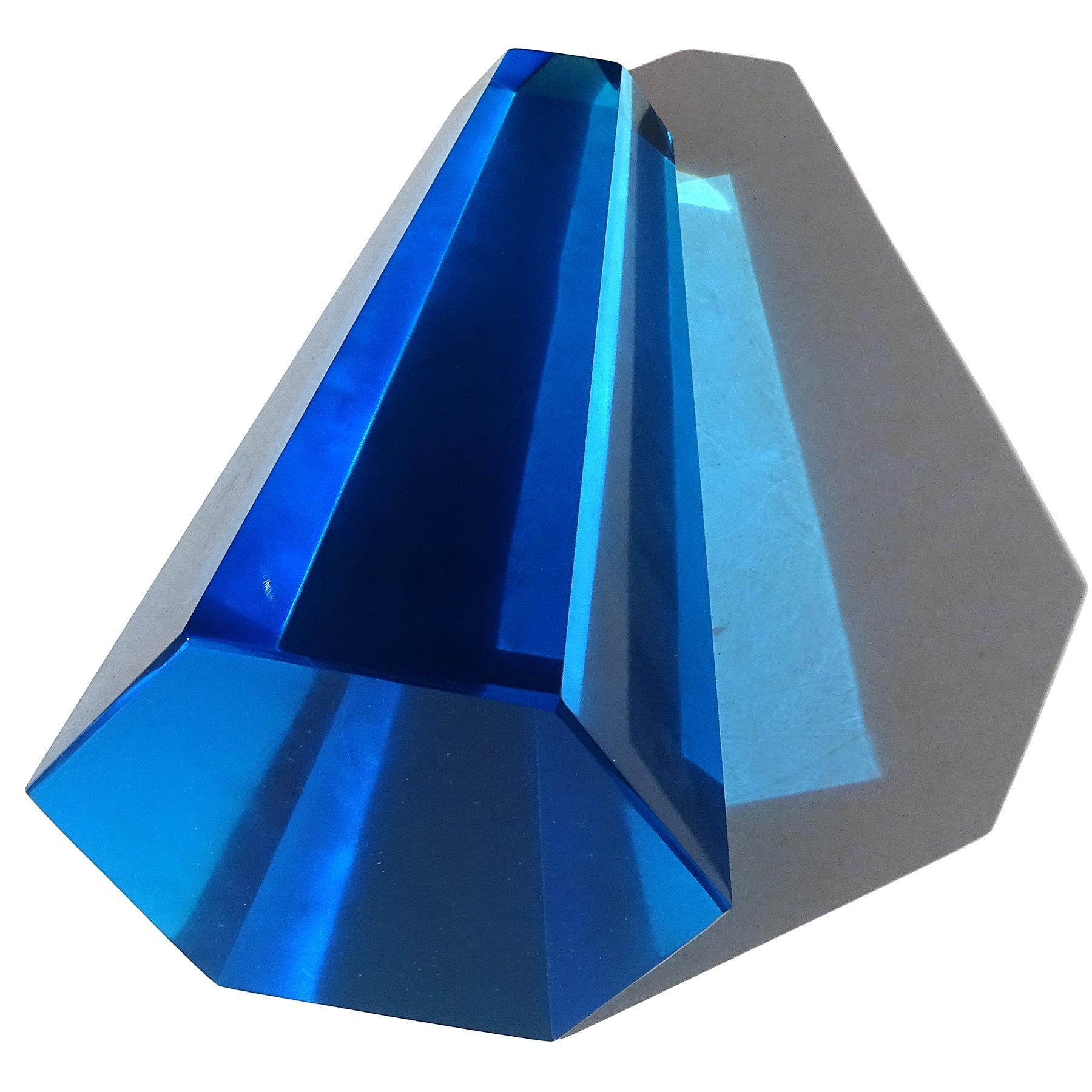 Murano Vintage Blue Italian Art Glass Obelisk Pyramid Paperweight Sculpture 1