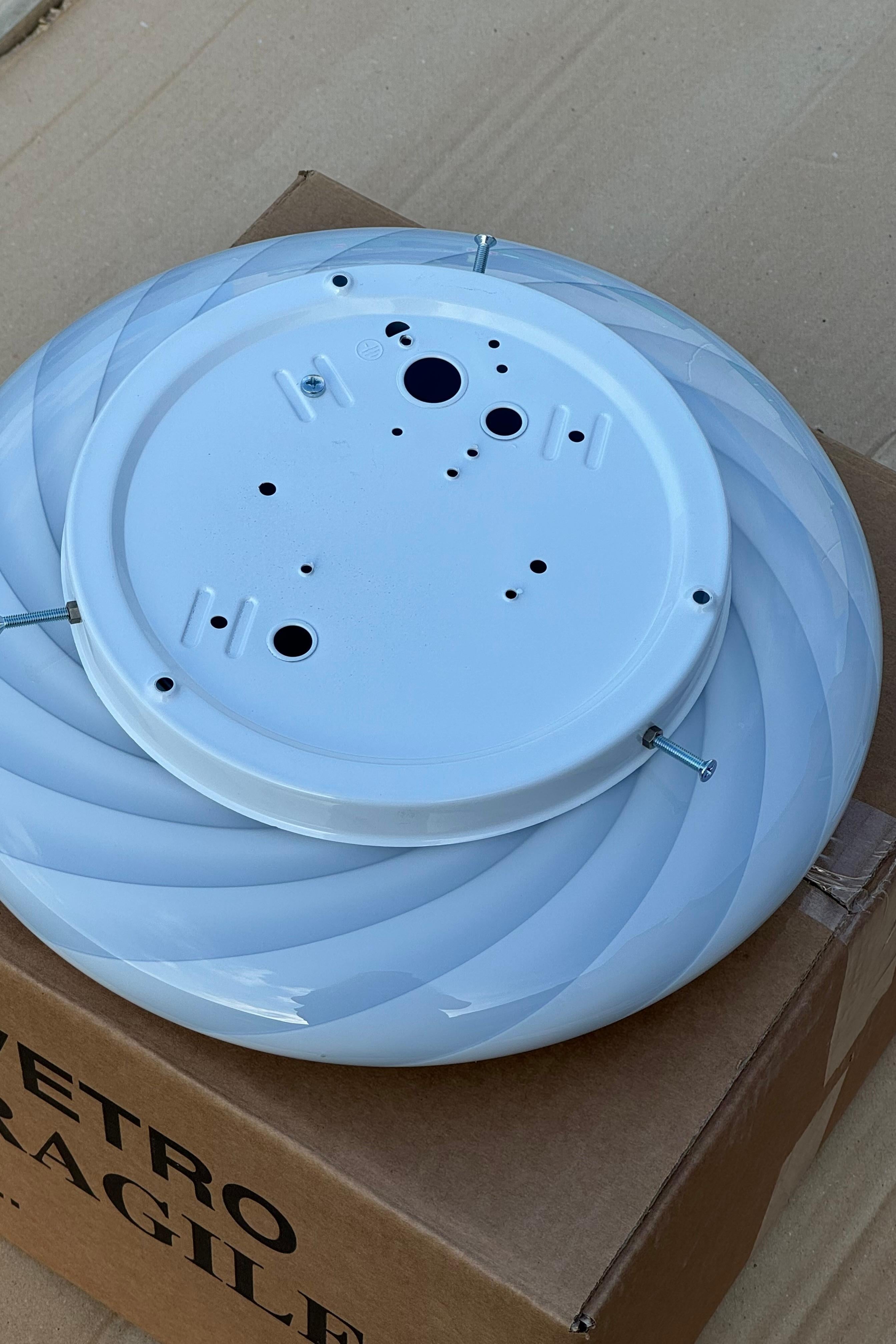 Hand-Crafted Murano Vintage Candy Flush Mount wall ceiling lamp soft blue swirl For Sale