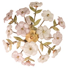 Murano Vintage Ceiling Light Pink and White Flowers, 1980s