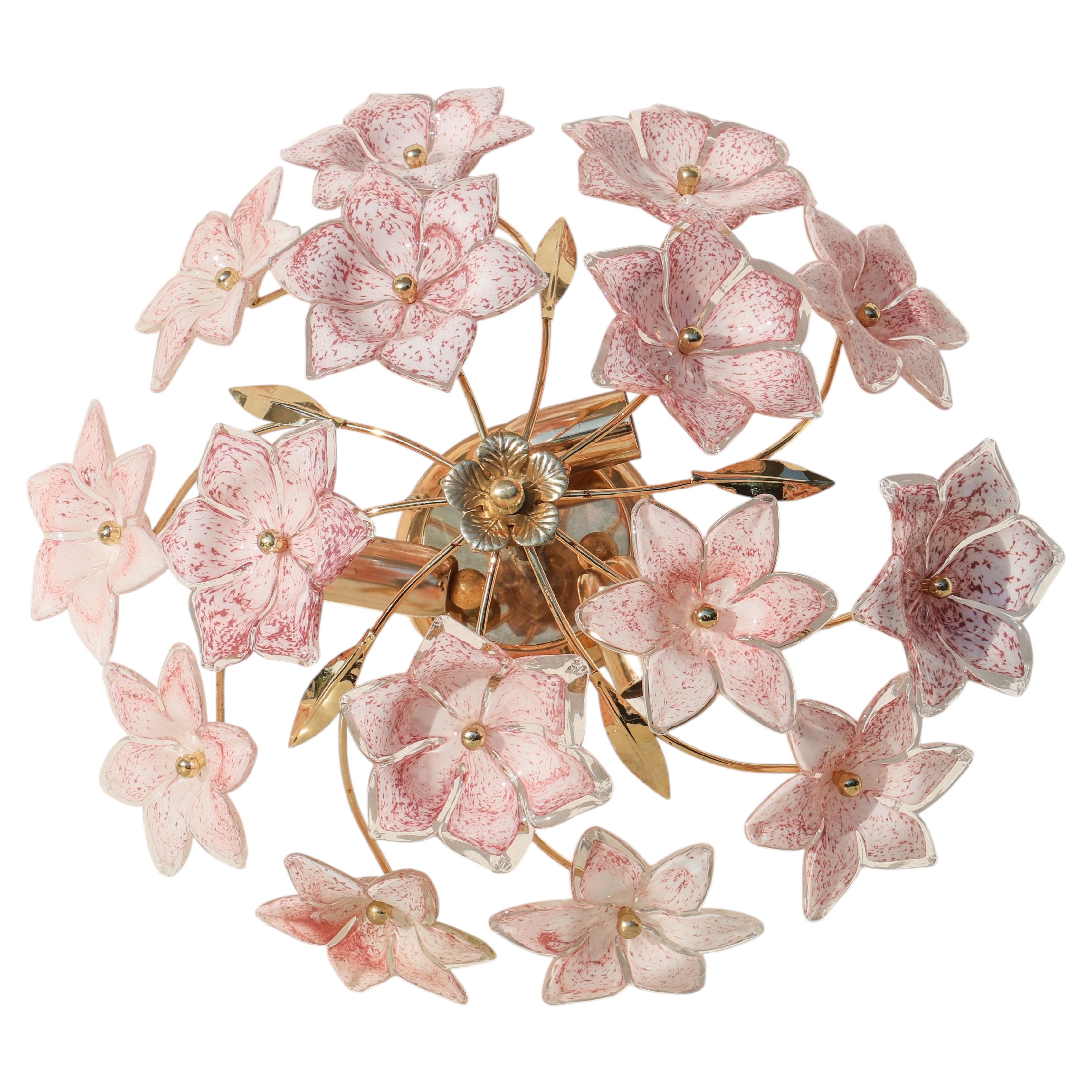 Murano Vintage Ceiling Light Pink Flowers, 1970s