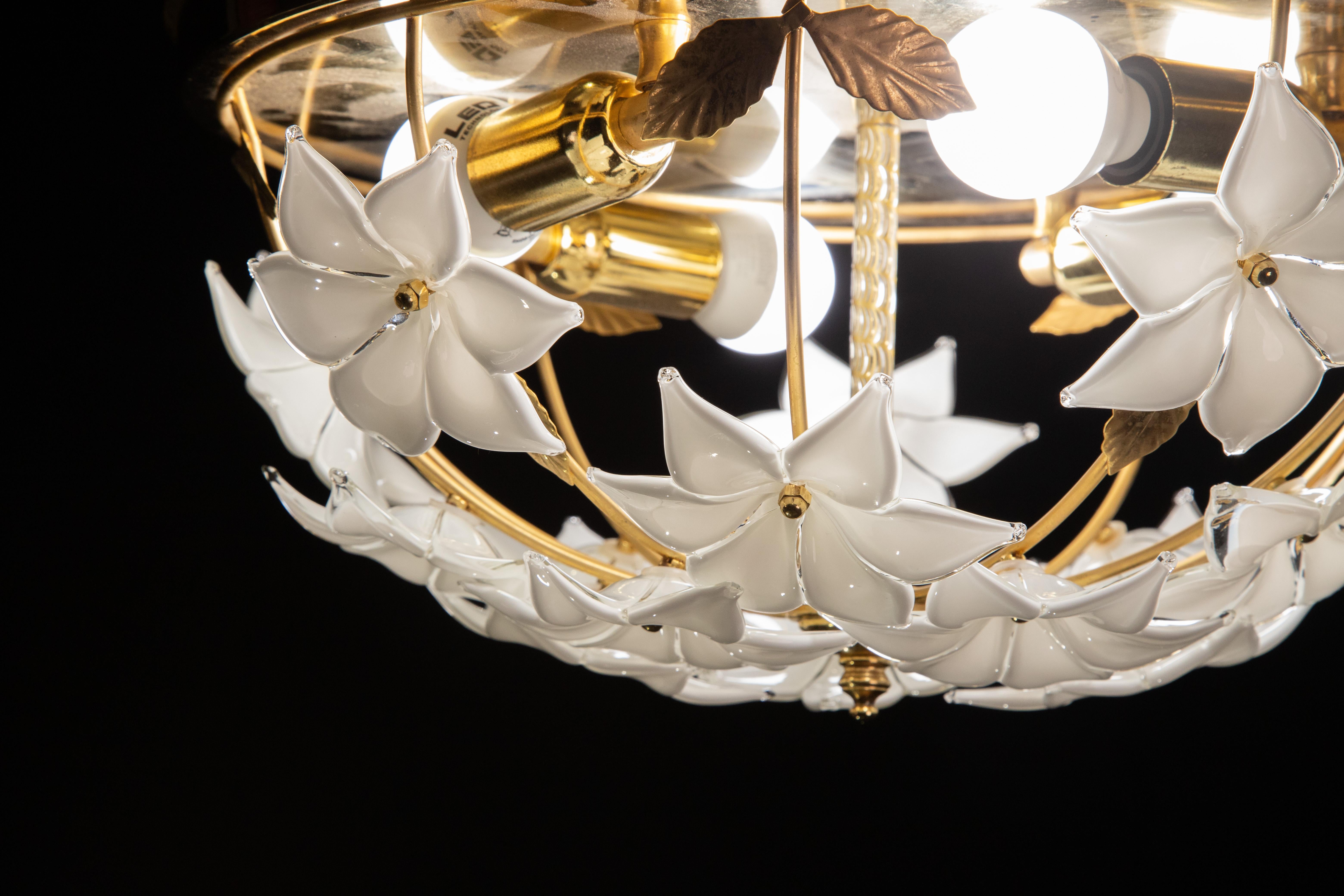 Late 20th Century Murano Vintage Ceiling Light White Flowers, 1970s For Sale