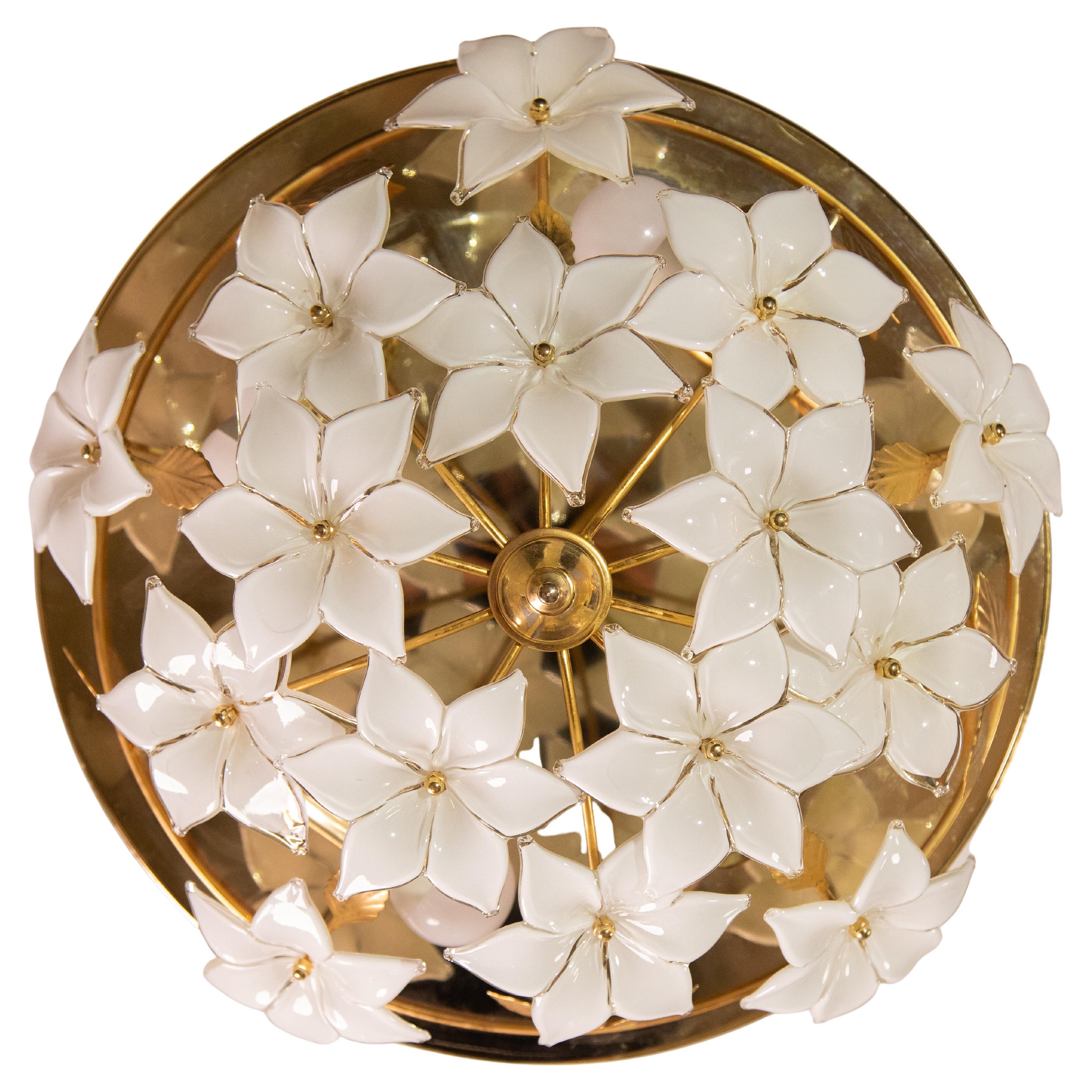 Murano Vintage Ceiling Light White Flowers, 1970s