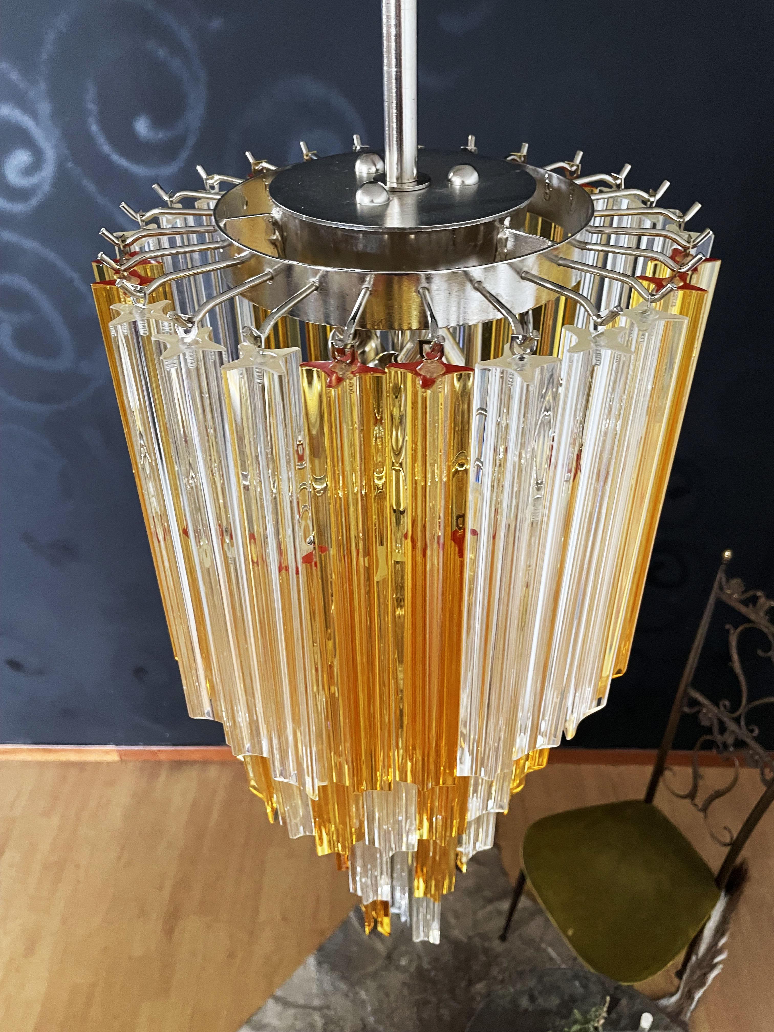 Murano Vintage Chandelier – 54 Quadriedri Prisms Transparent and Amber For Sale 2