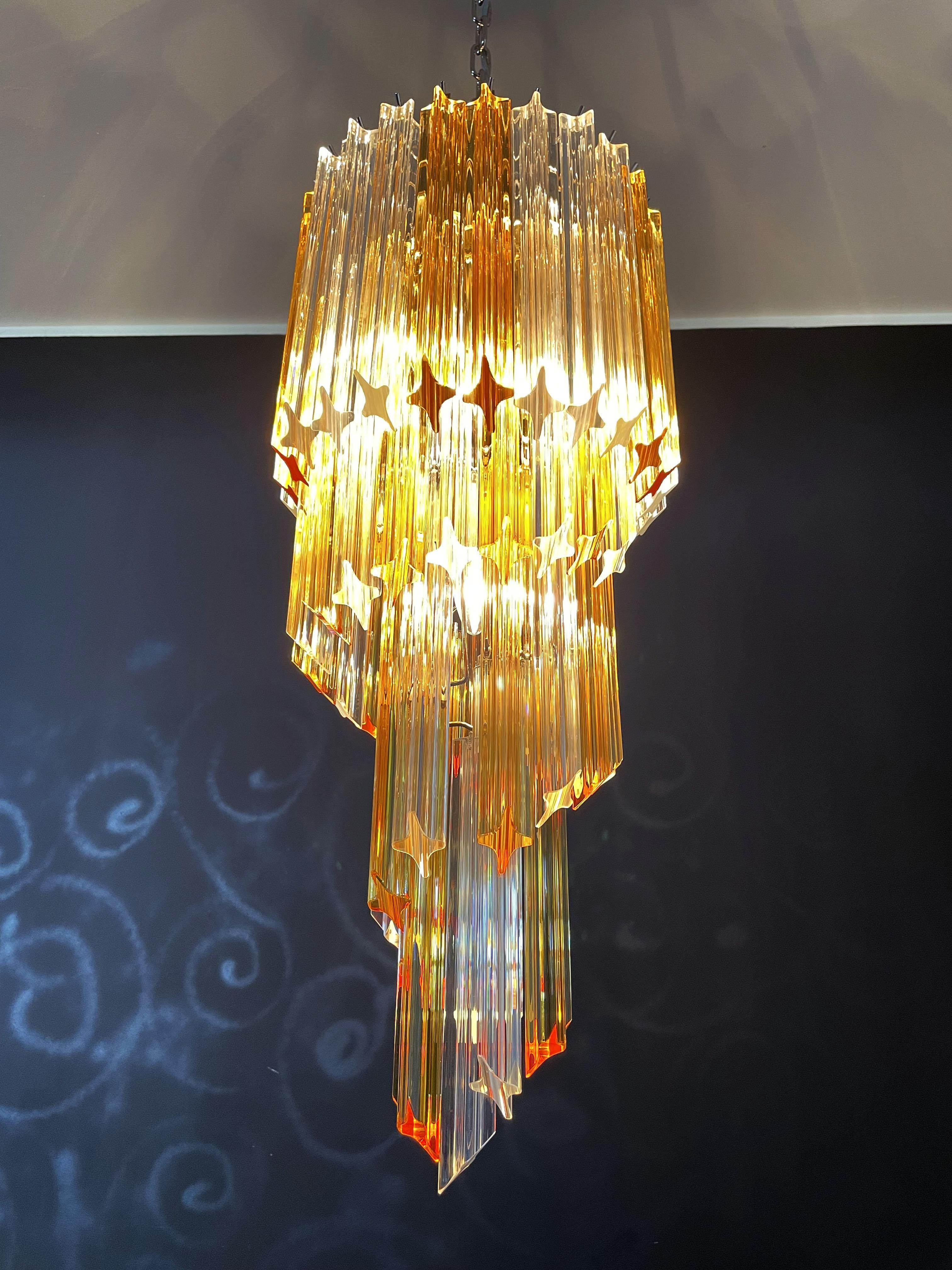 Murano Vintage Chandelier – 54 Quadriedri Prisms Transparent and Amber For Sale 5