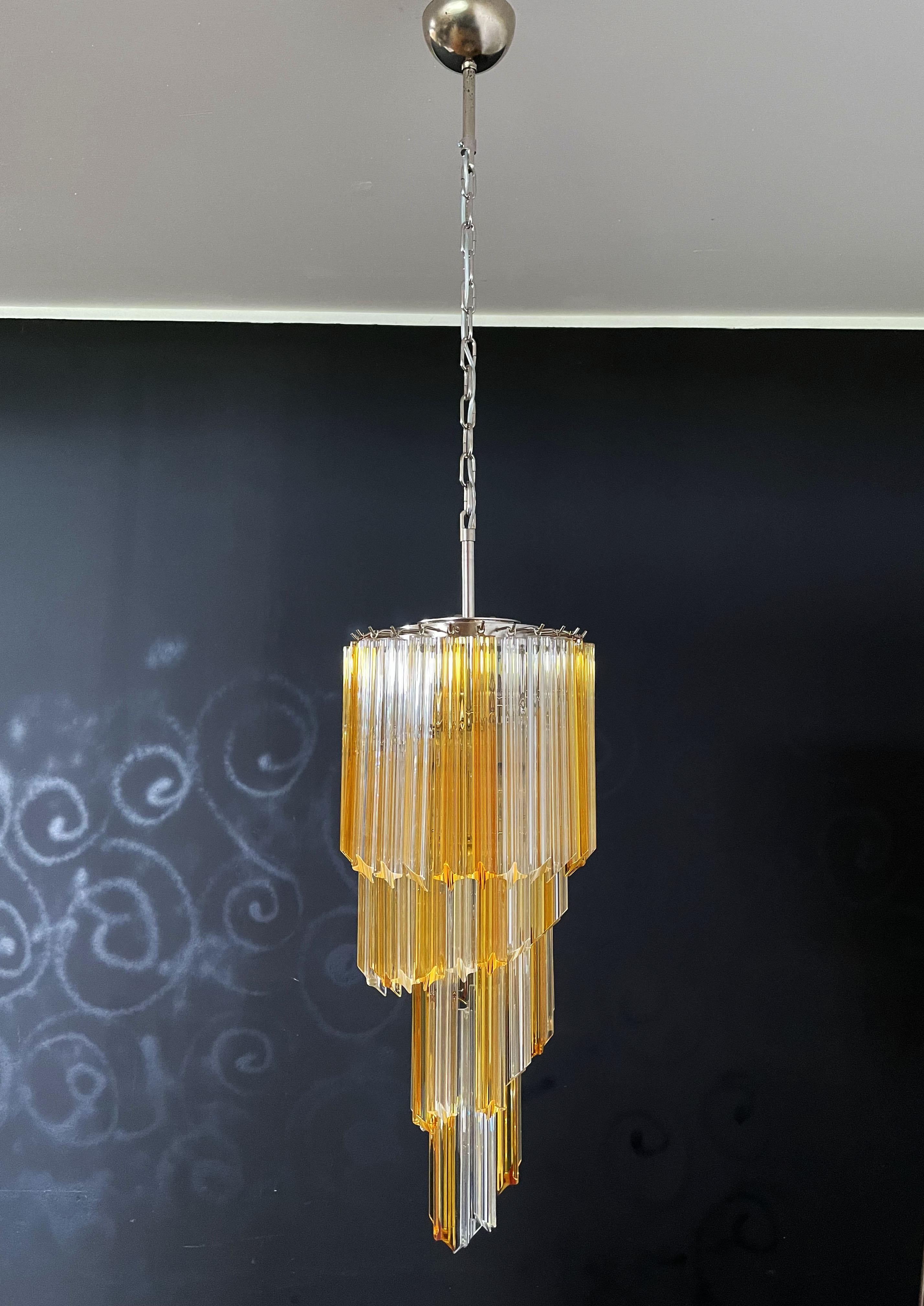 Mid-Century Modern Murano Vintage Chandelier – 54 Quadriedri Prisms Transparent and Amber For Sale