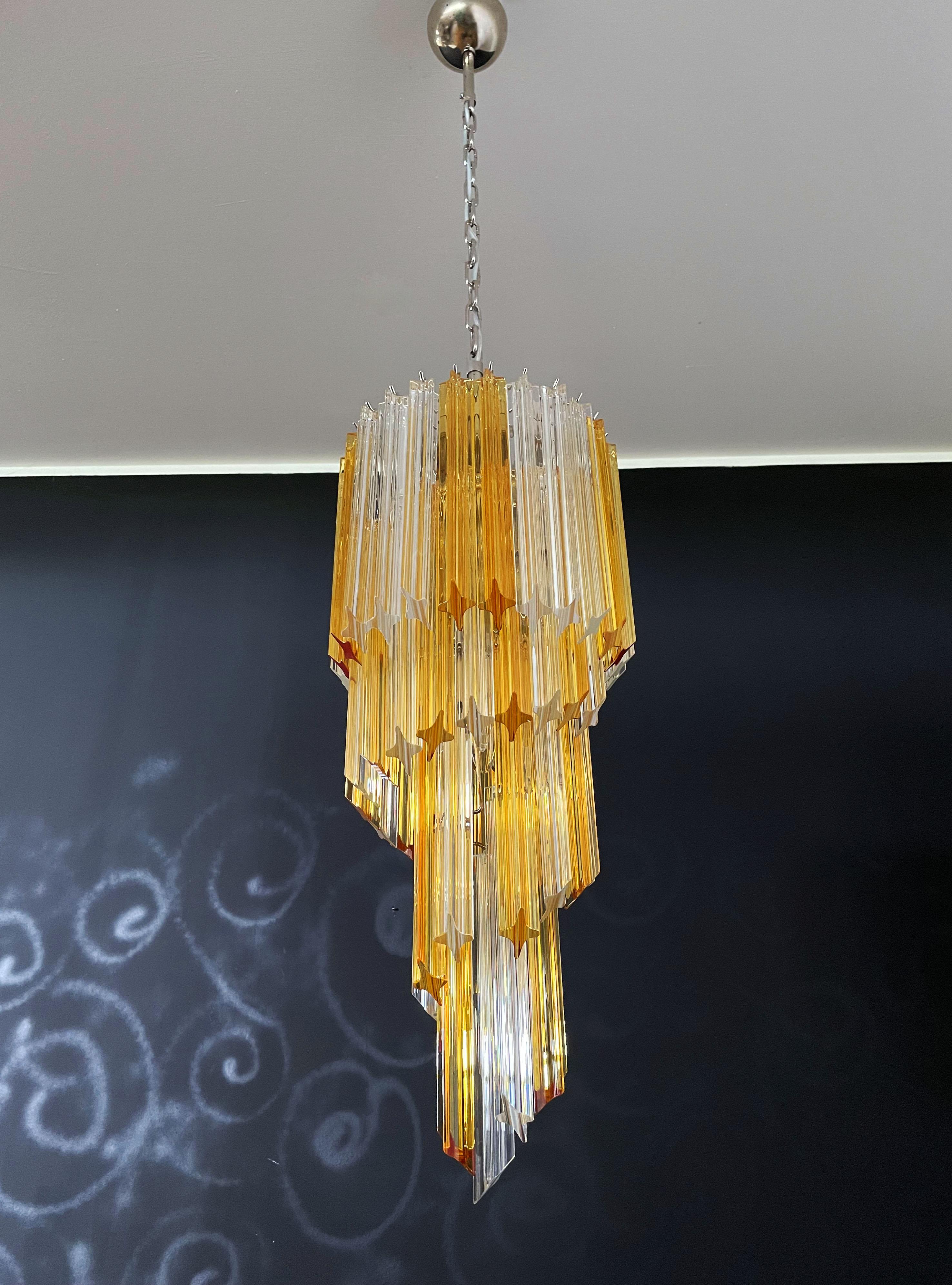 Italian Murano Vintage Chandelier – 54 Quadriedri Prisms Transparent and Amber For Sale