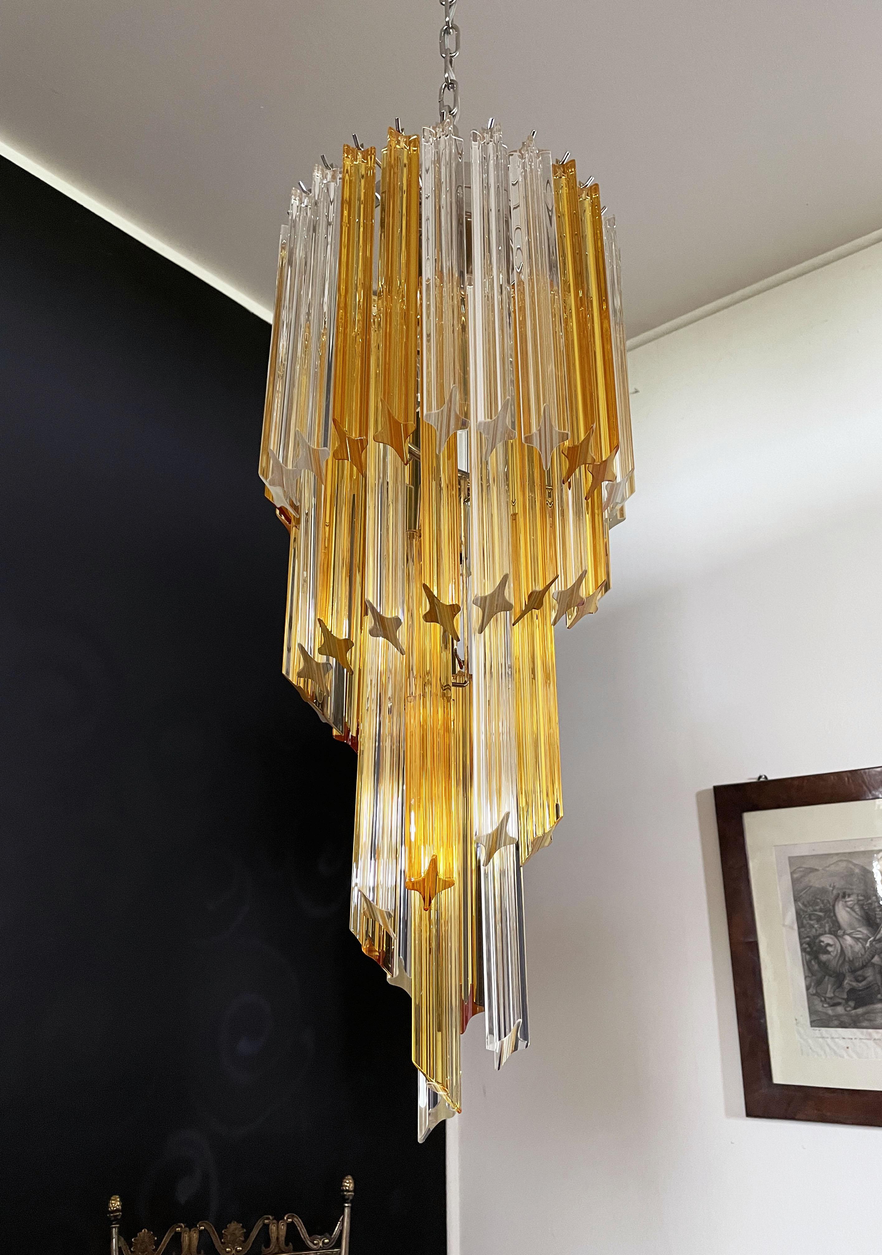 Blown Glass Murano Vintage Chandelier – 54 Quadriedri Prisms Transparent and Amber For Sale