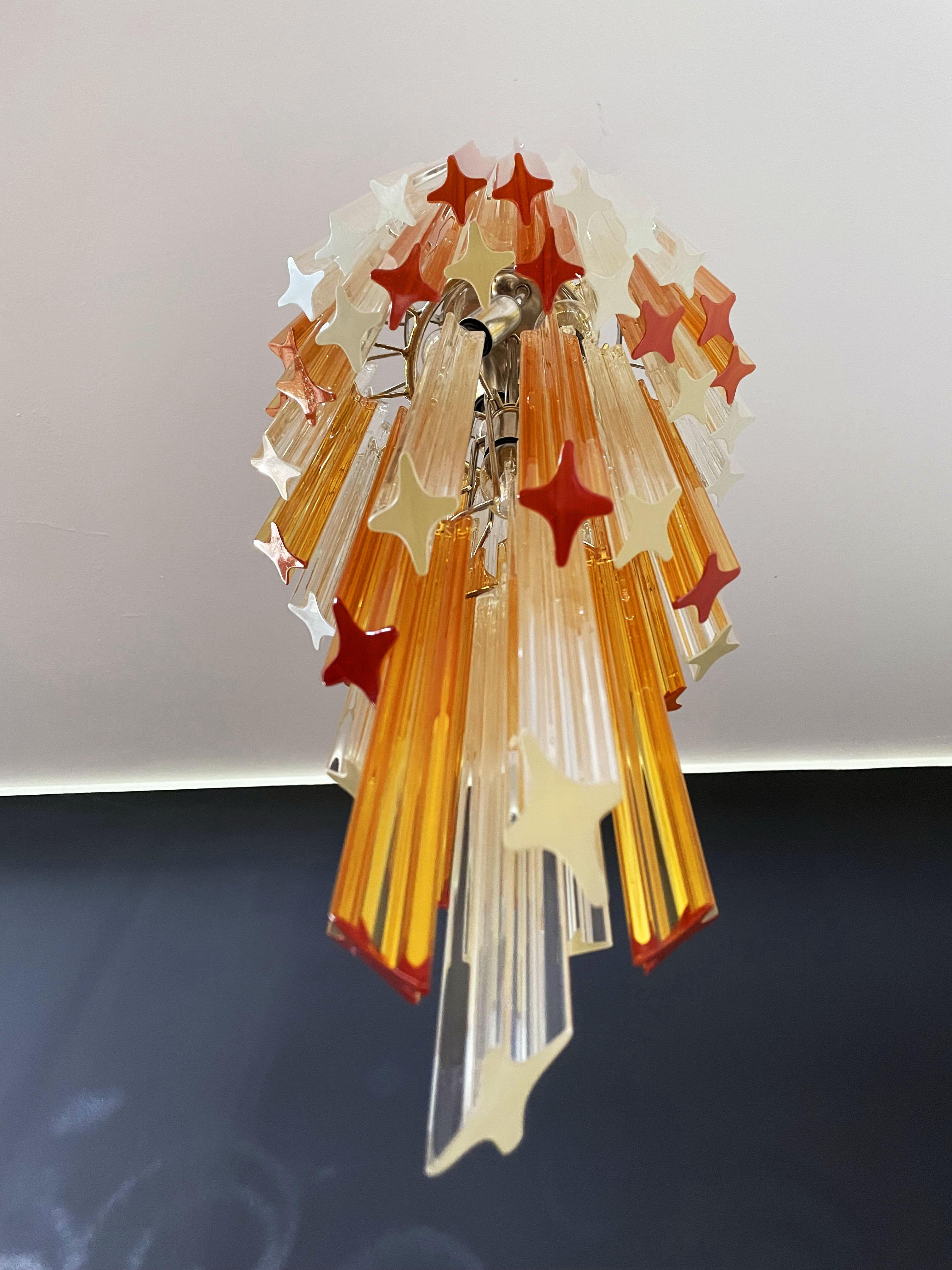 Murano Vintage Chandelier – 54 Quadriedri Prisms Transparent and Amber For Sale 1