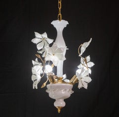 Murano Vintage Chandelier White Flowers, 1970s