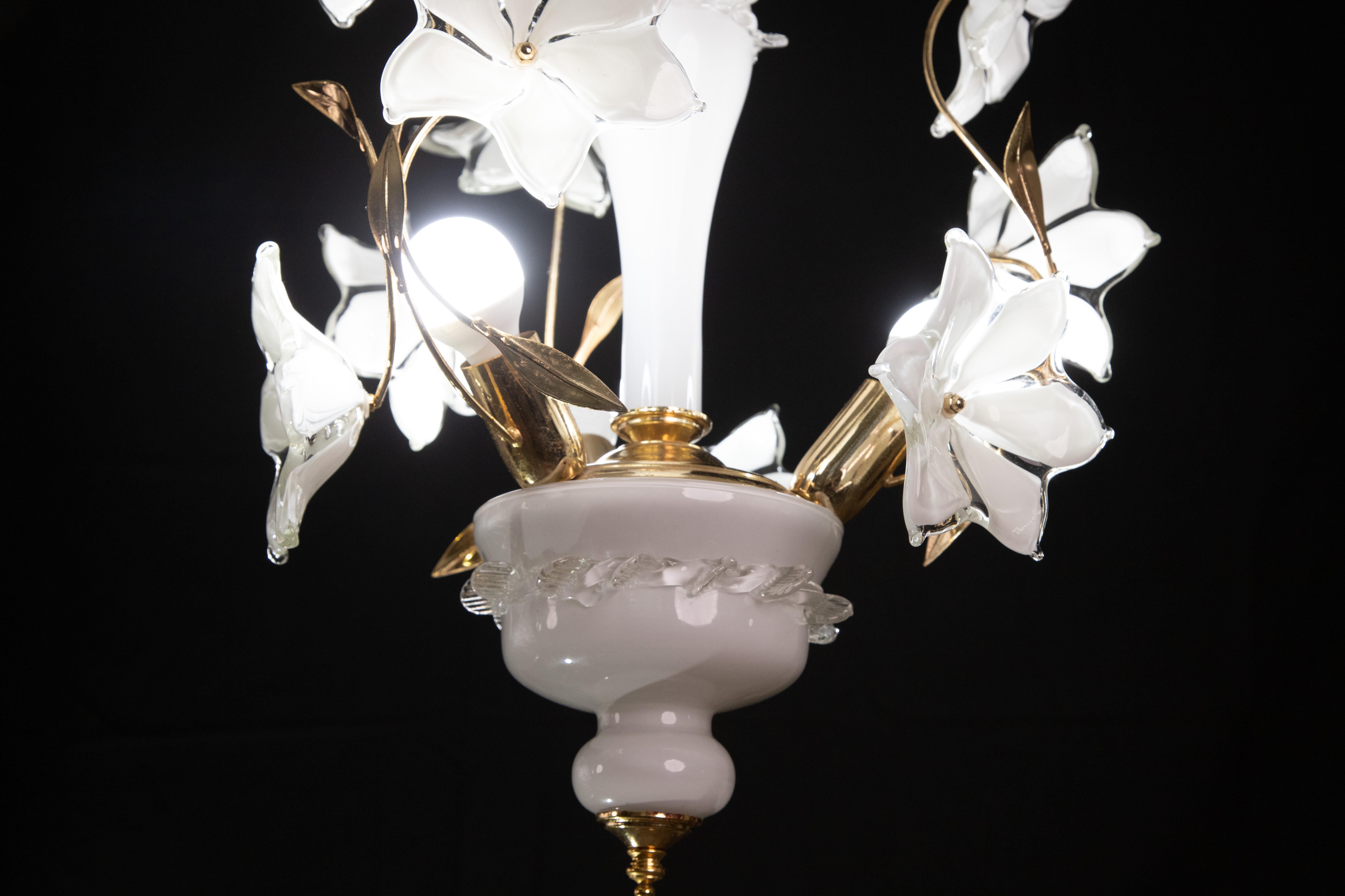 Murano Glass Murano Vintage Chandelier White Flowers, 1970s For Sale