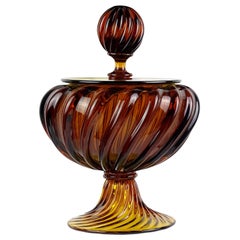 Murano Retro Dark Amber Italian Art Glass Ribbed Footed Cookie Jar Container