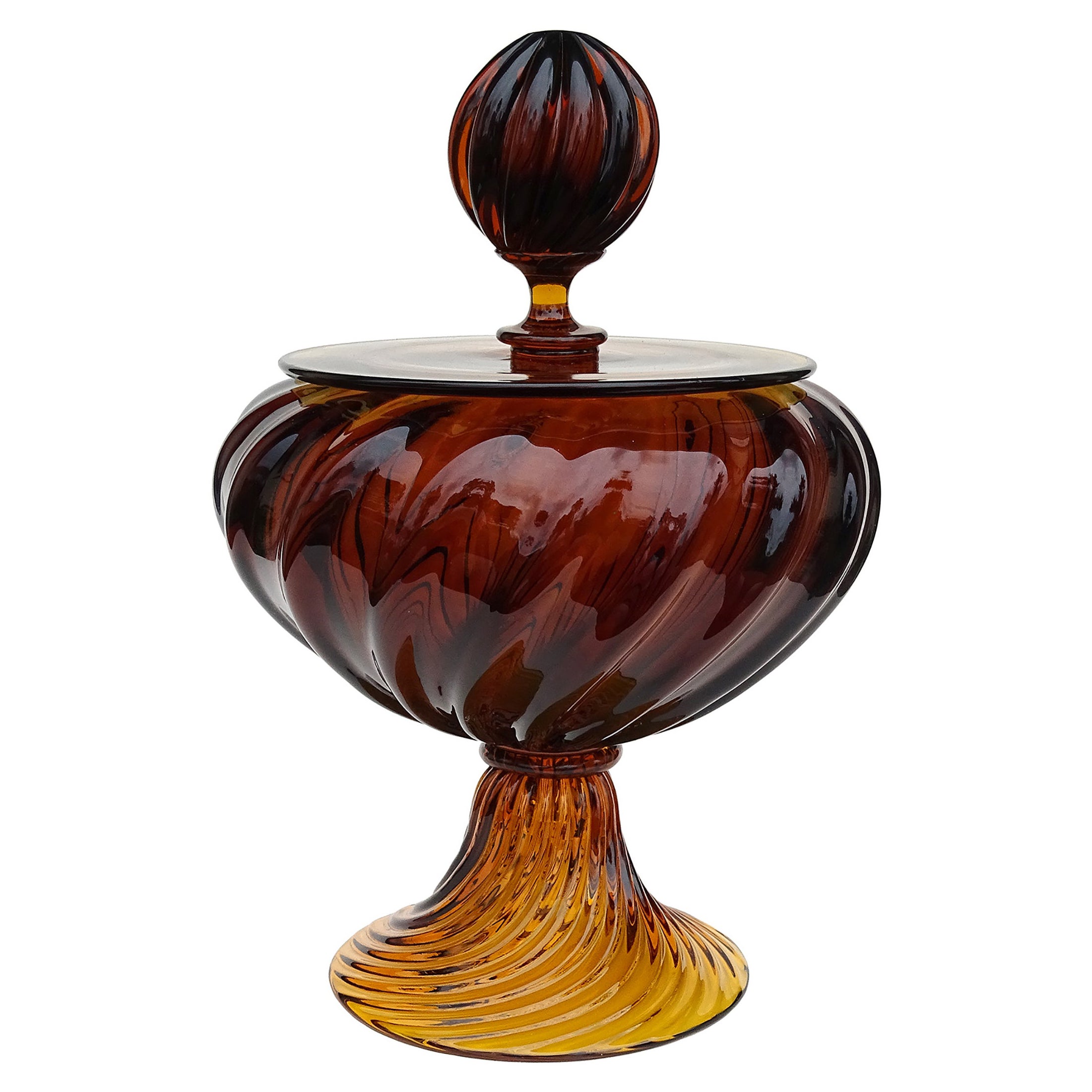 Murano Vintage Ámbar Oscuro Vidrio Artístico Italiano Recipiente con Pie Acanalado para Galletas