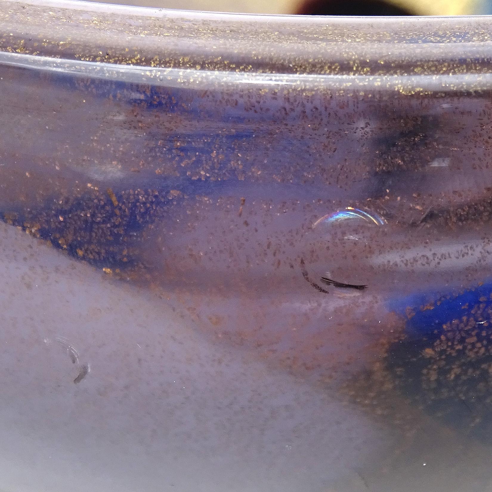 Murano Vintage Gold Flecks Blue Purple Black White Spots Italian Art Glass Bowl For Sale 3