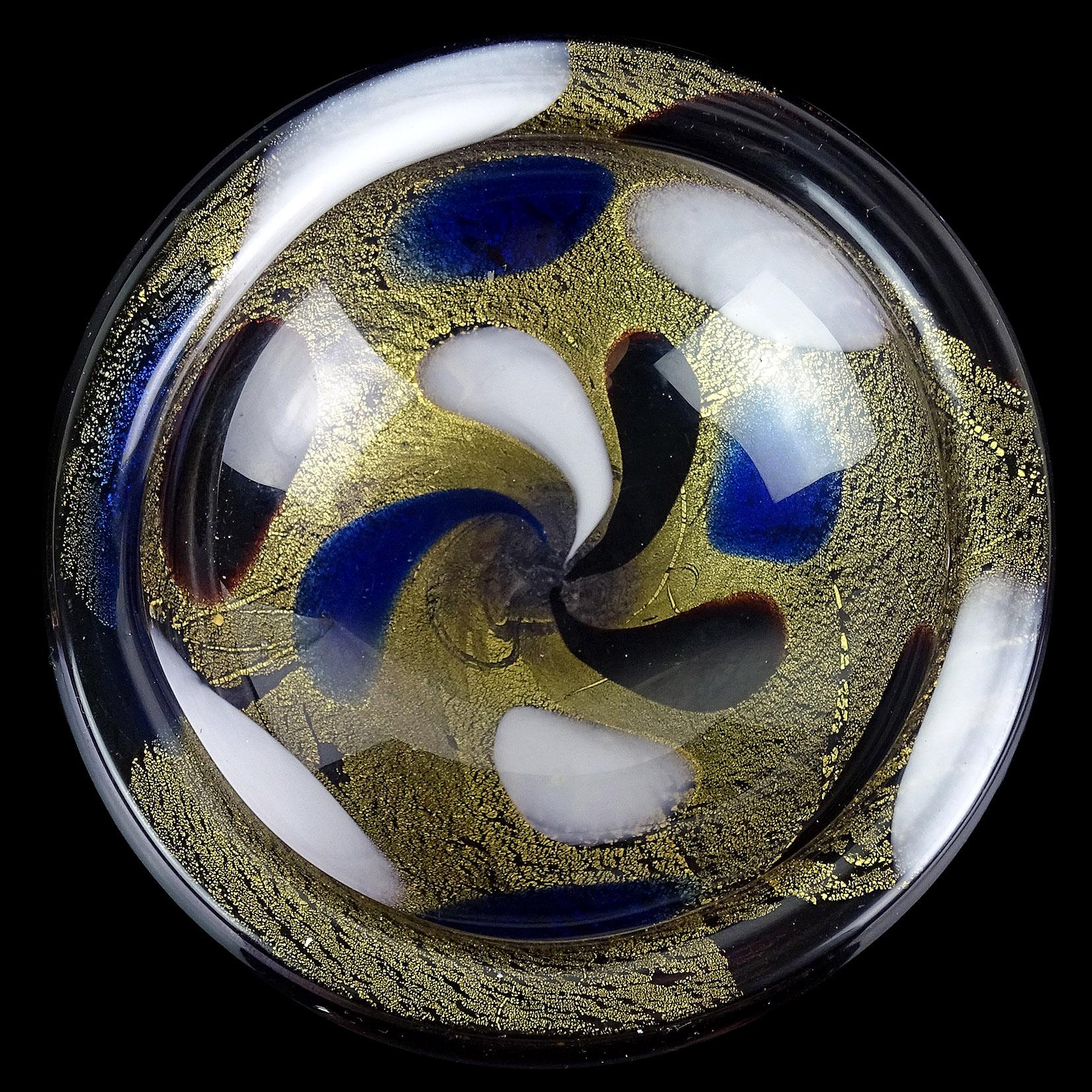 Mid-Century Modern Murano Vintage Gold Flecks Blue Purple Black White Spots Italian Art Glass Bowl For Sale