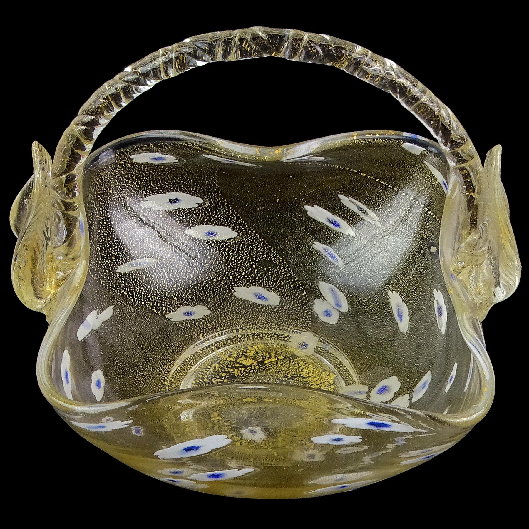 Cesta con asa de cuerda de vidrio artístico italiano Murano Vintage Gold Flecks Daisy Pattern Moderno de mediados de siglo en venta