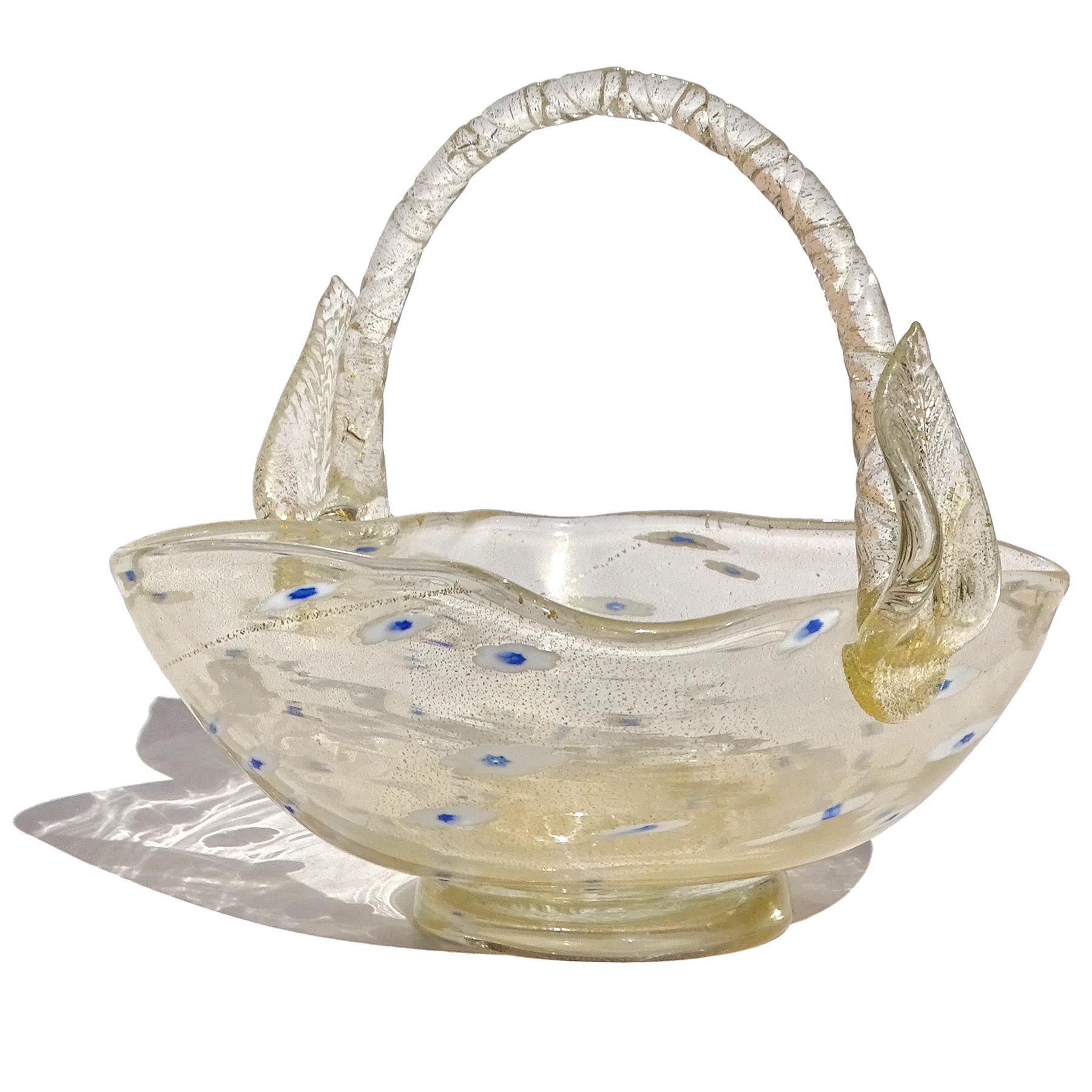 Cesta con asa de cuerda de vidrio artístico italiano Murano Vintage Gold Flecks Daisy Pattern Hecho a mano en venta