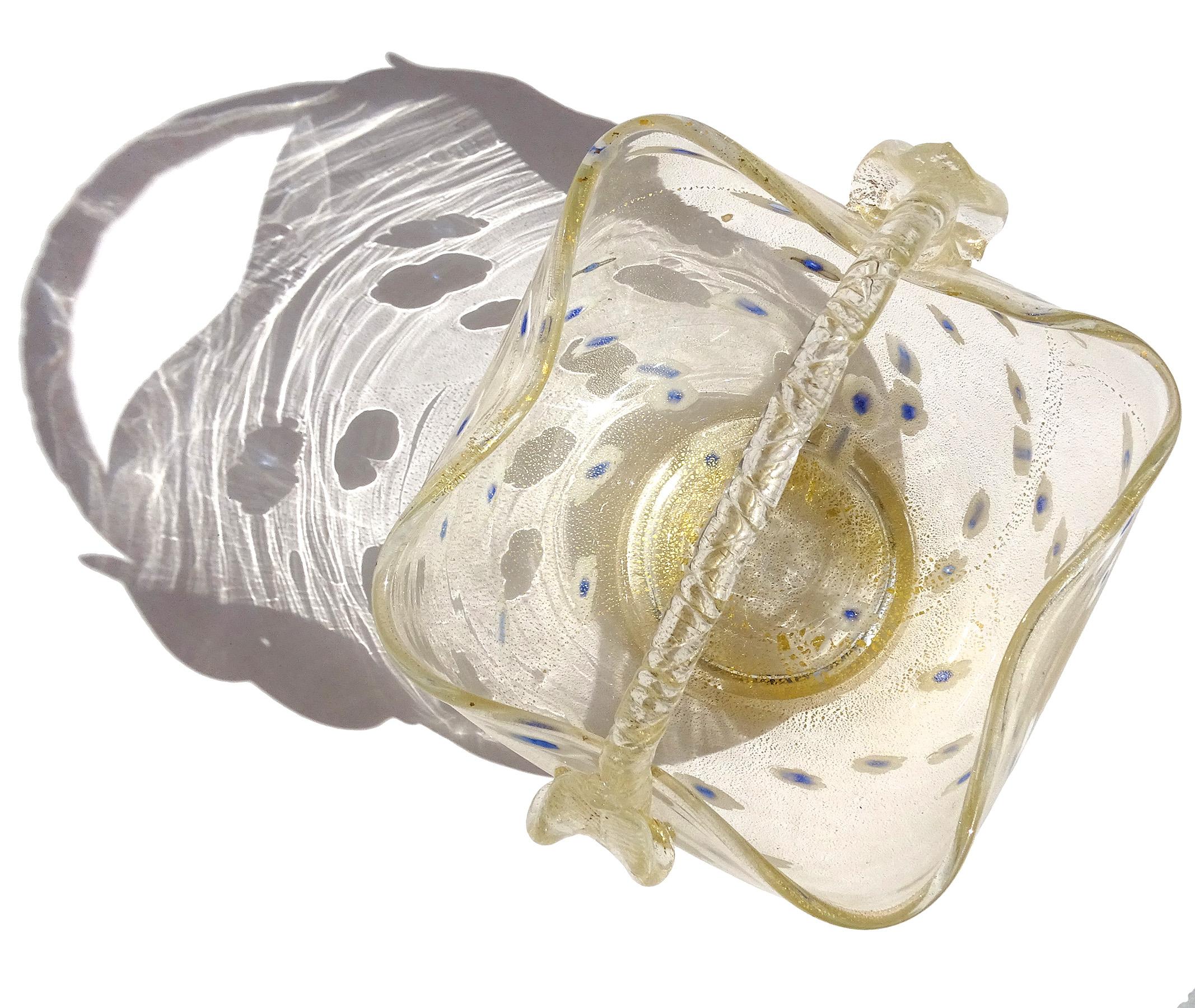 Cesta con asa de cuerda de vidrio artístico italiano Murano Vintage Gold Flecks Daisy Pattern en Bueno estado para la venta en Kissimmee, FL