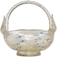 Murano Vintage Gold Flecks Daisy Pattern Italian Art Glass Rope Handle Basket