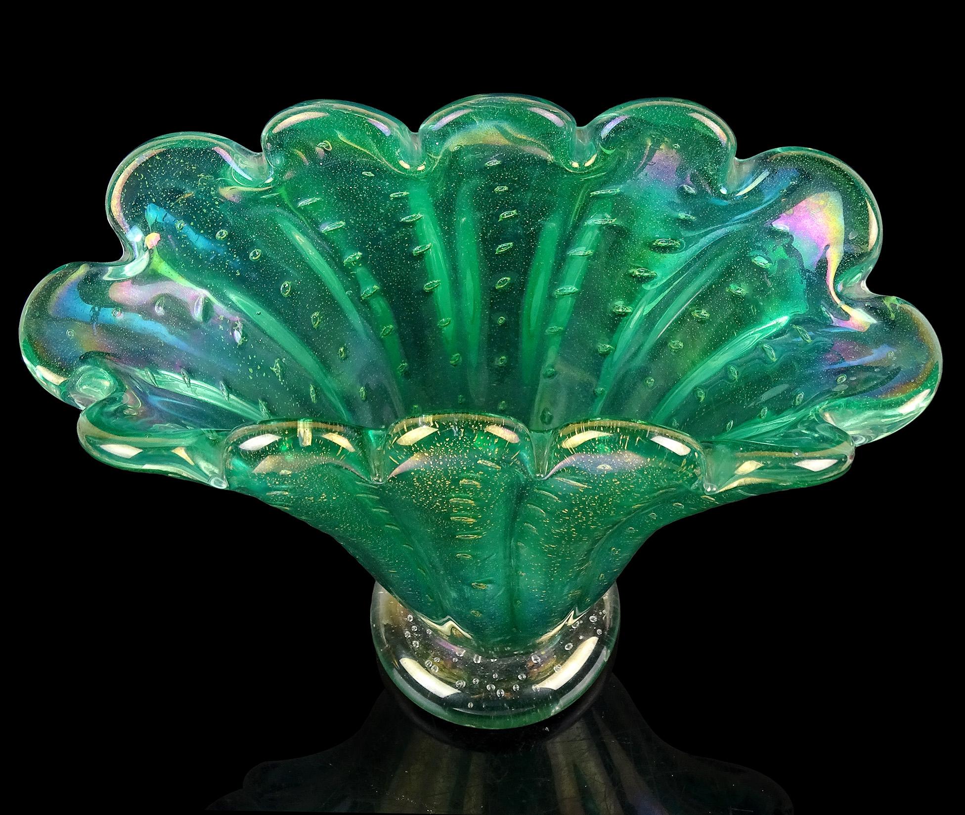 Hand-Crafted Murano Vintage Green Iridescent Gold Flecks Italian Art Glass Flared Flower Vase For Sale