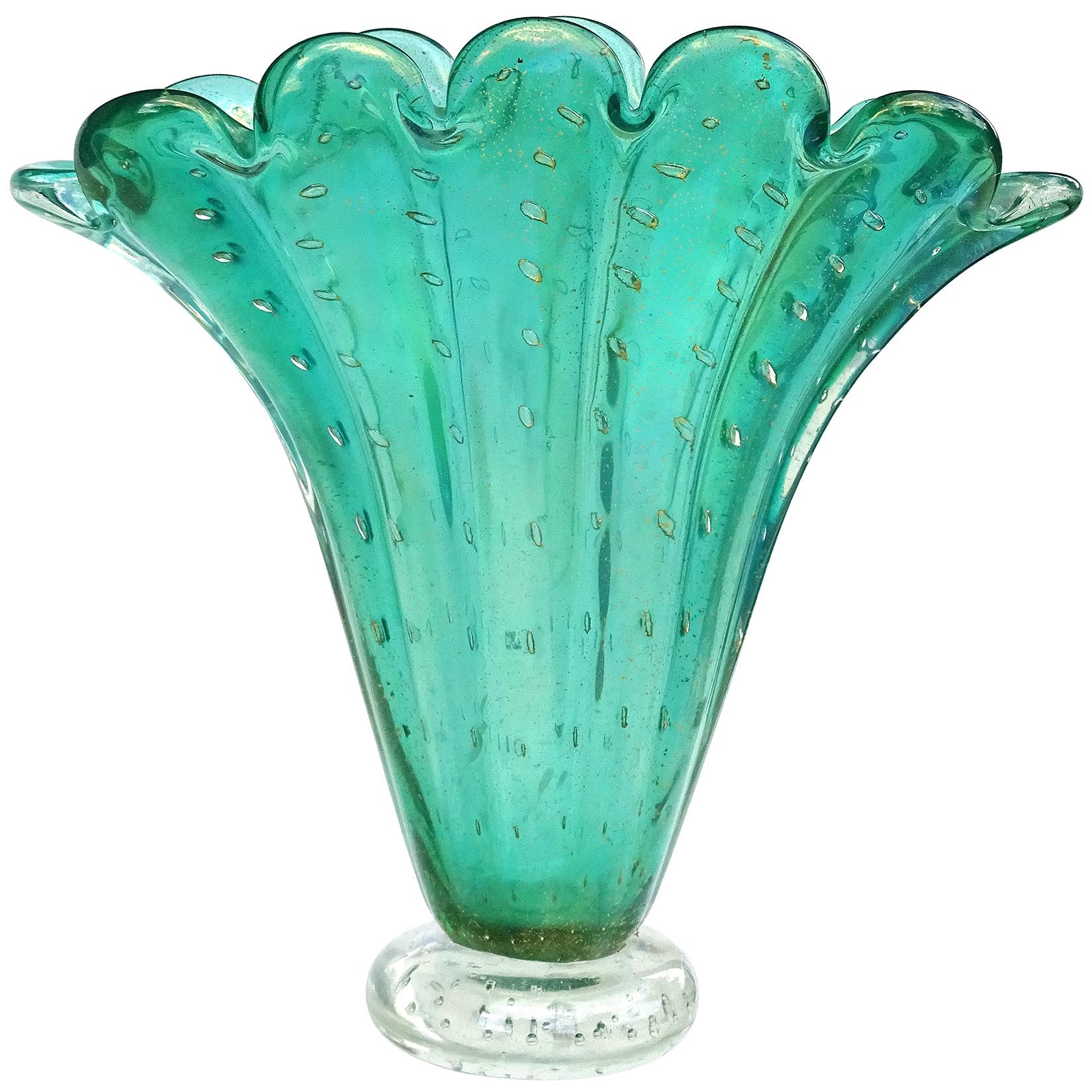 Murano Vintage Green Iridescent Gold Flecks Italian Art Glass Flared Flower Vase For Sale