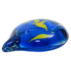 Murano Vintage Herzform Kunstglas Briefbeschwerer Kobaltblau, Gelb und Muranoglas