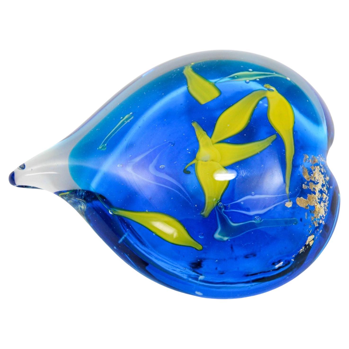 Murano Vintage Heart Shape Art Glass Paperweight Cobalt Blue, Yellow and Murine For Sale