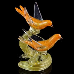 Murano Vintage Orange Gold Flecks Italian Art Glass Birds on Branch Sculpture