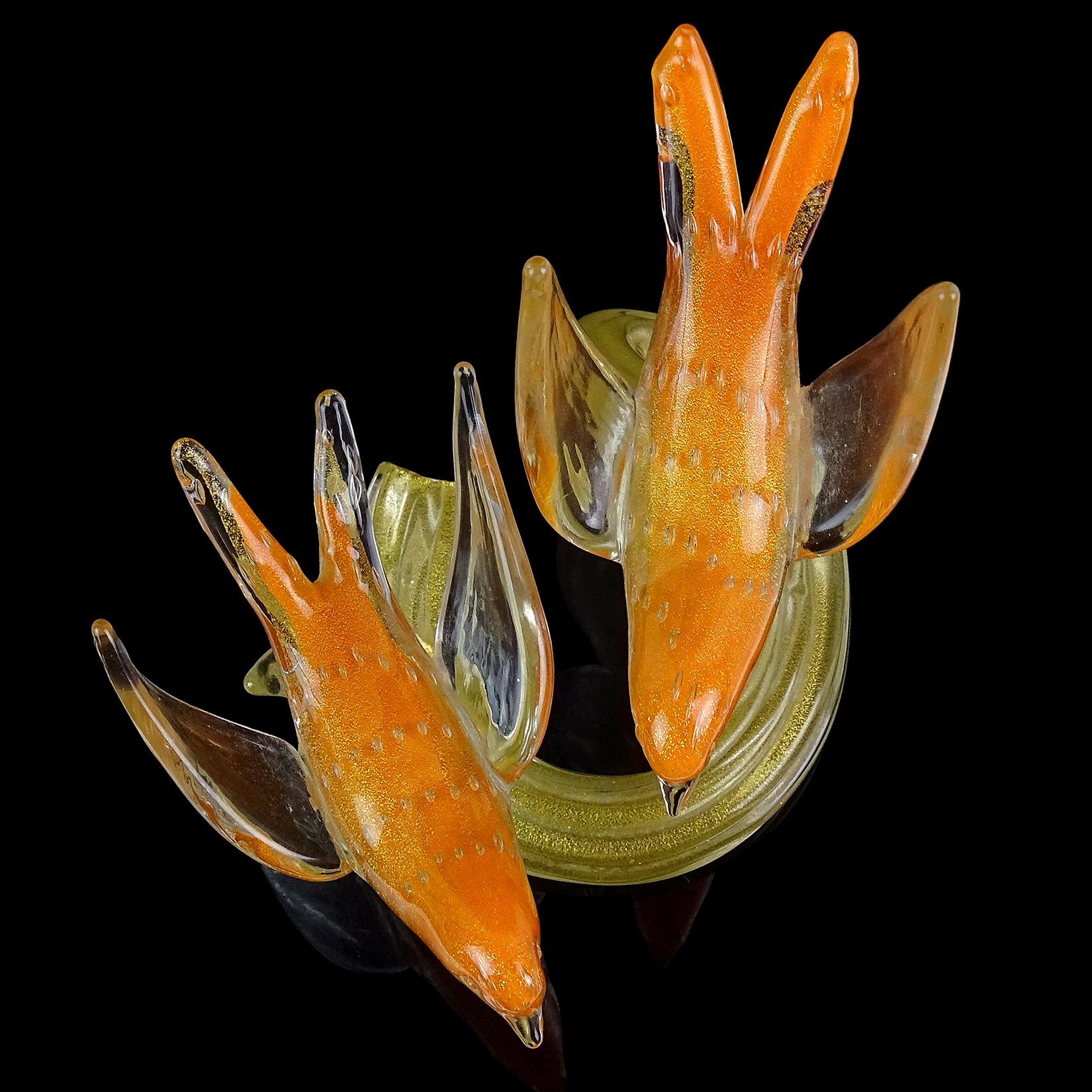 Mid-Century Modern Murano Vintage Orange Gold Flecks Italian Art Glass Birds on Branch Sculpture For Sale
