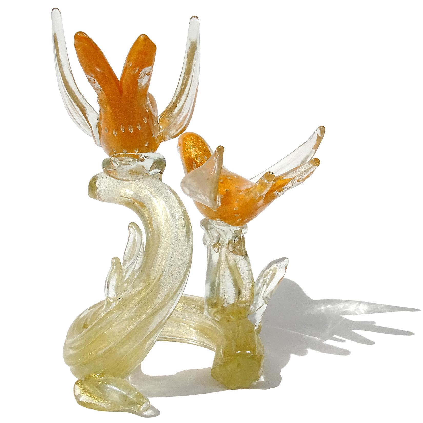 Hand-Crafted Murano Vintage Orange Gold Flecks Italian Art Glass Birds on Branch Sculpture For Sale