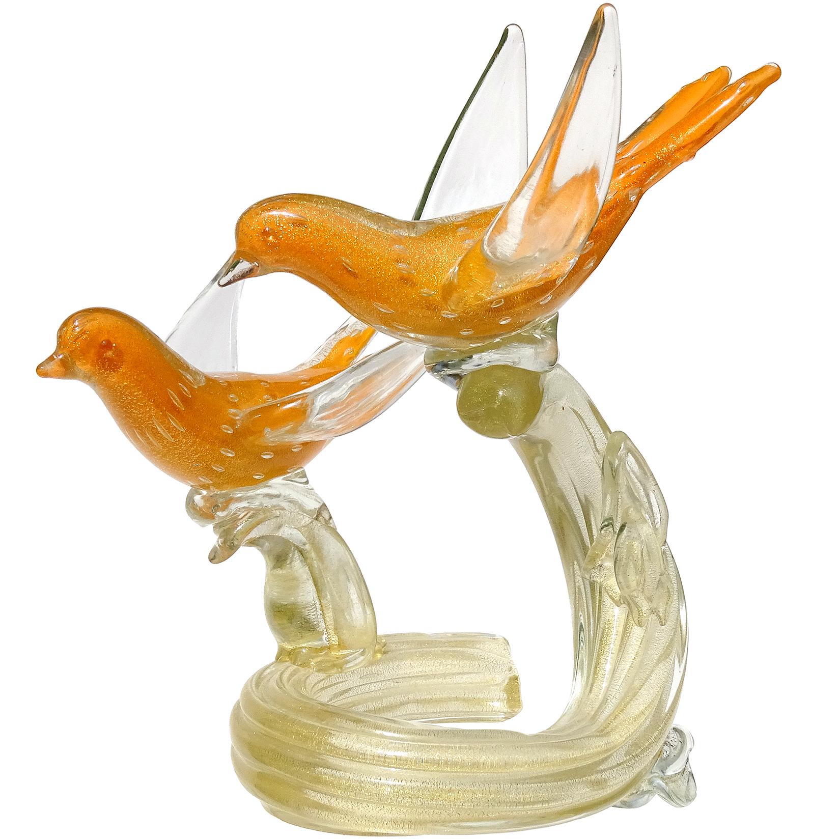 Murano Vintage Orange Gold Flecks Italian Art Glass Birds on Branch Sculpture For Sale