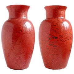 Murano Vintage Red Orange Silver Flecks Italian Art Glass Flower Matching Vases