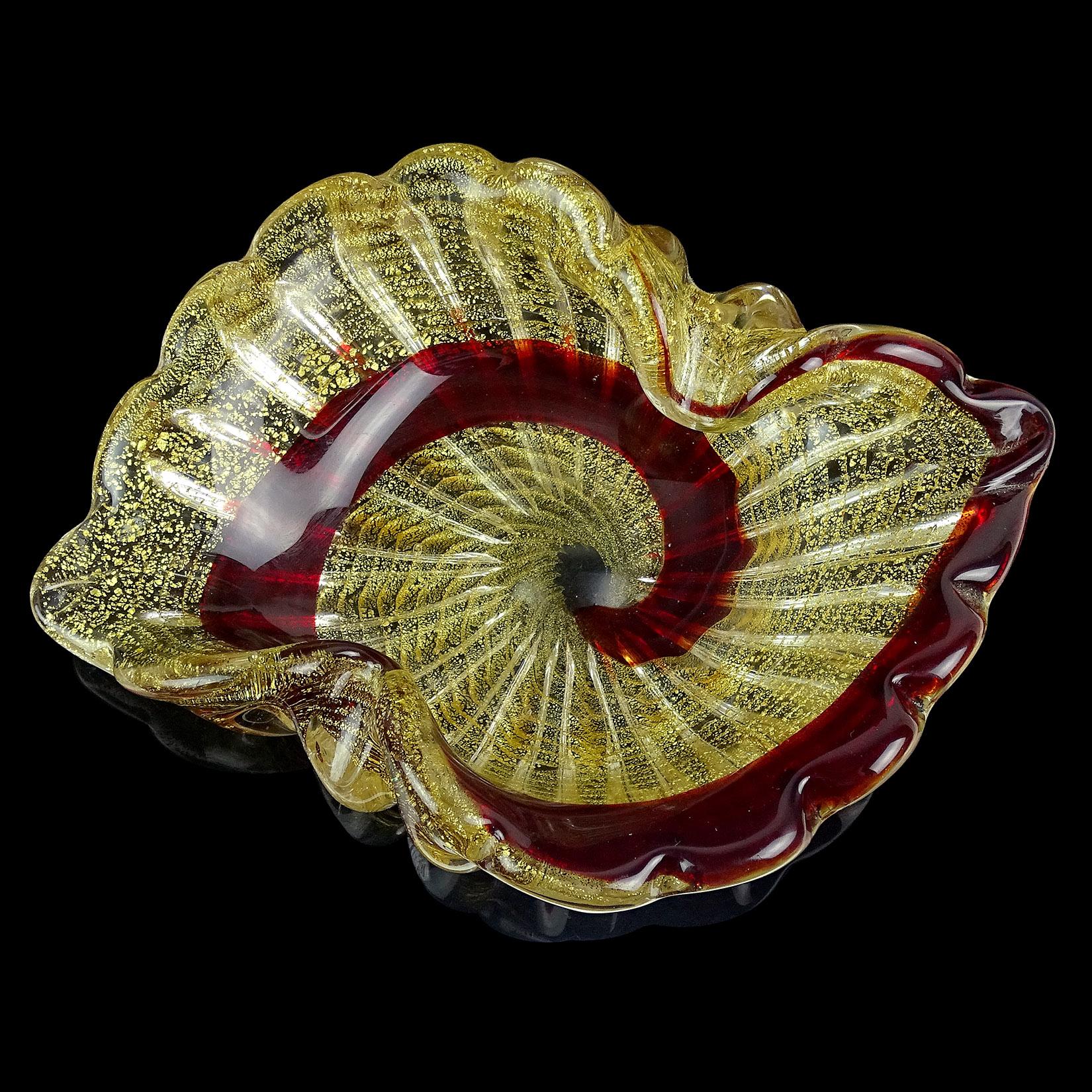 Hand-Crafted Murano Vintage Red Swirl Paint Stroke Gold Flecks Italian Art Glass Bowl Dish For Sale