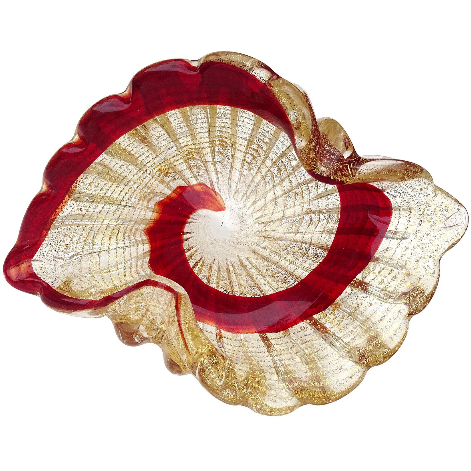 Murano Vintage Red Swirl Paint Stroke Gold Flecks Italian Art Glass Bowl Dish For Sale