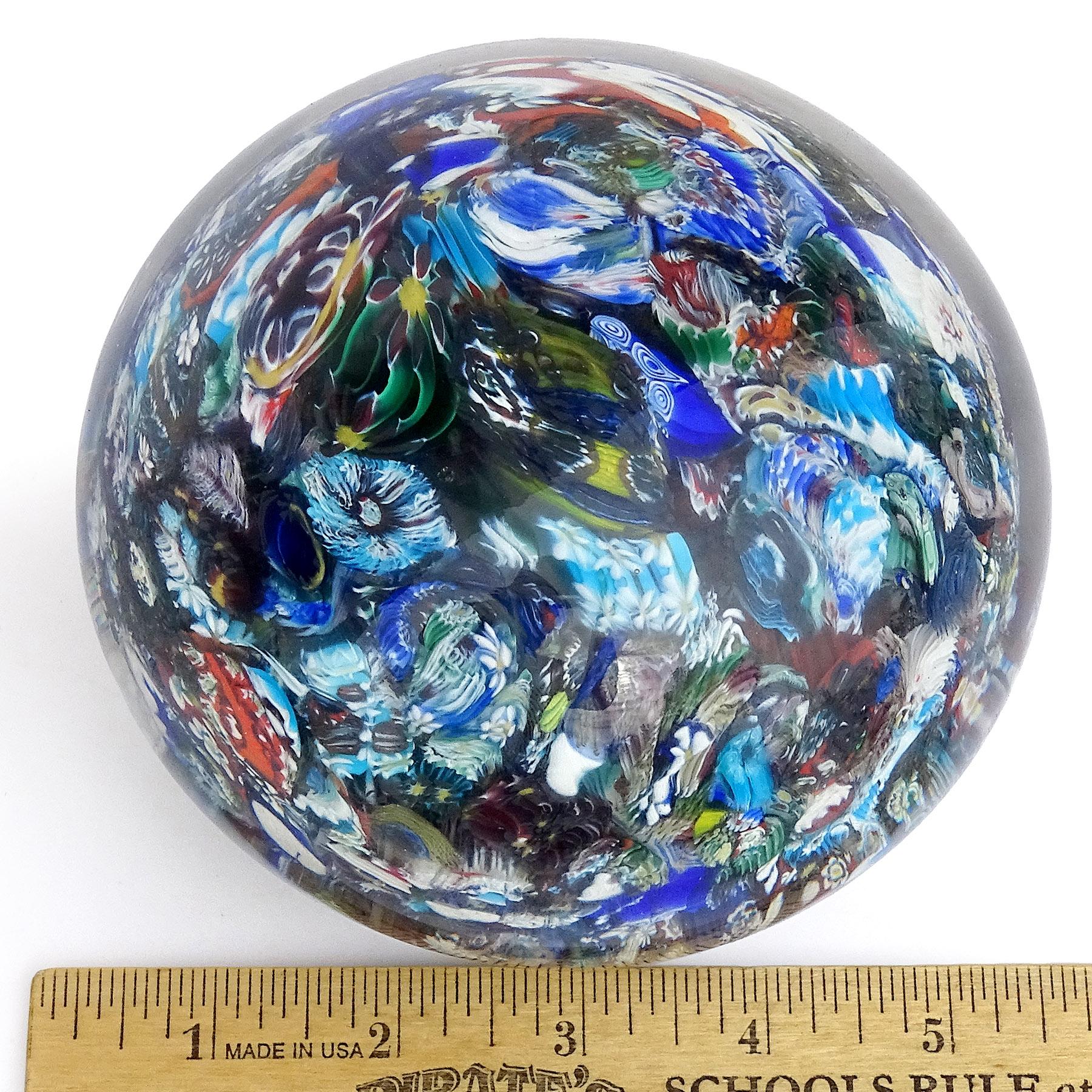 Murano Vintage Scramble Millefiori Flowers Italian Art Glass Large Paperweight In Good Condition For Sale In Kissimmee, FL