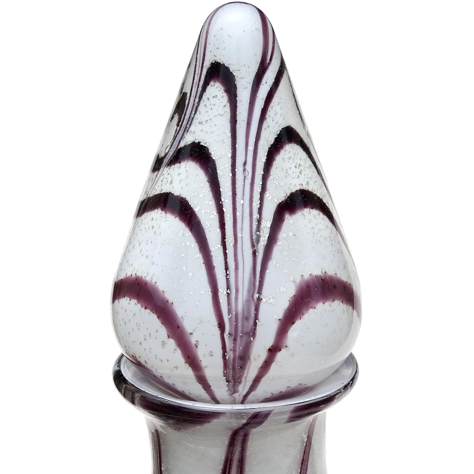 Beautiful vintage Murano hand blown silver flecks and purple swirl over white Italian art glass decanter. In the manner of designer Franco Moretti, circa 1970s. Created with a 