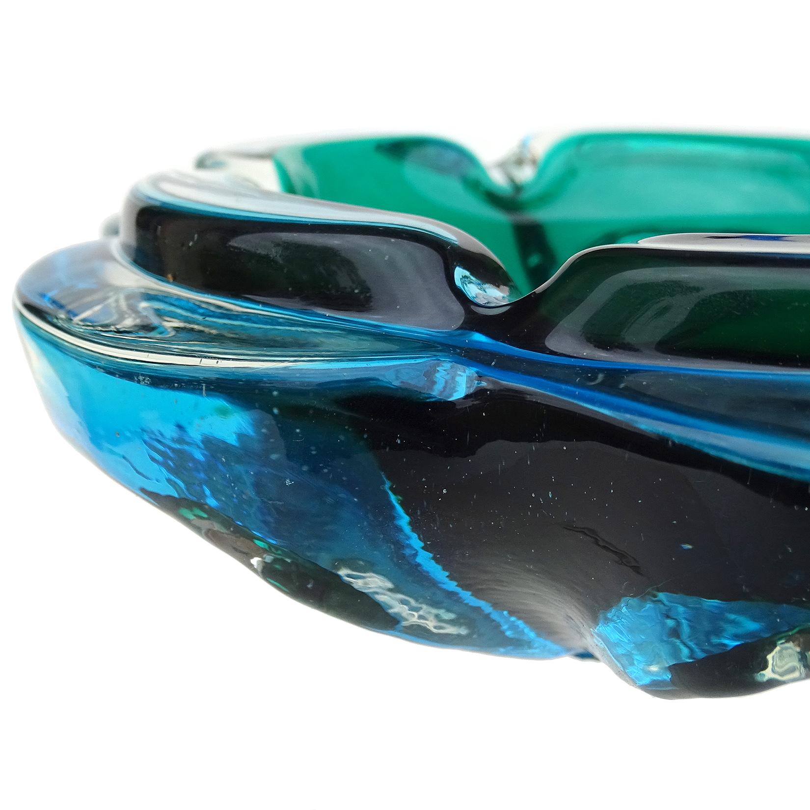 Hand-Crafted Murano Vintage Sommerso Blue Green Italian Art Glass Flower Shaped Bowl Ashtray