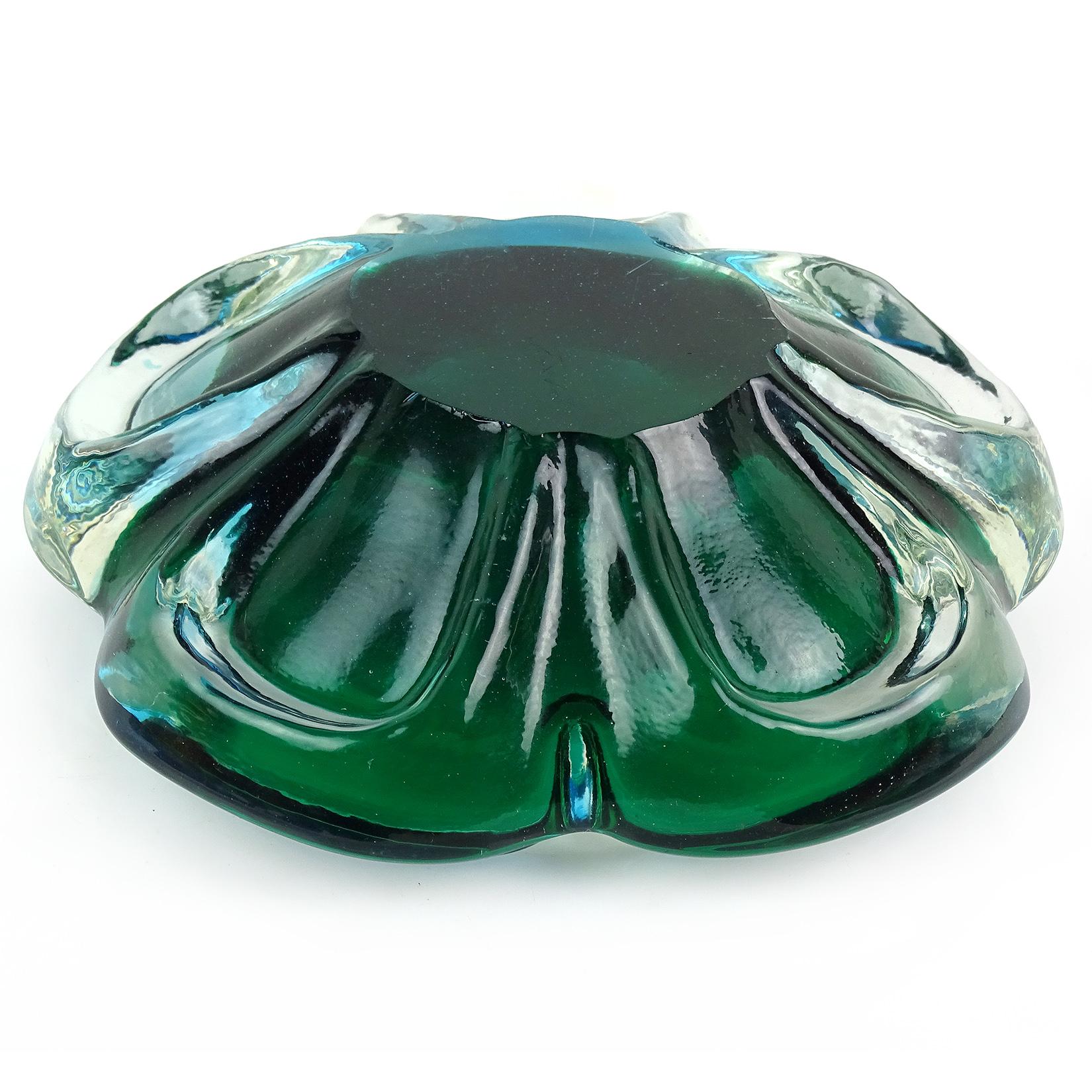 Murano Vintage Sommerso Blue Green Italian Art Glass Flower Shaped Bowl Ashtray For Sale 1