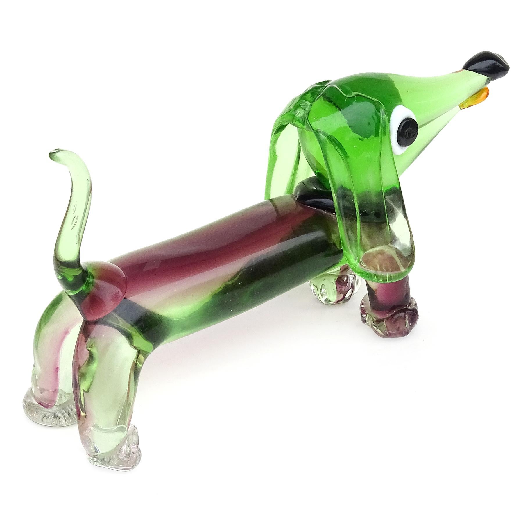 Murano Vintage Sommerso Green Purple Italian Art Glass Dachshund Dog Sculpture In Good Condition In Kissimmee, FL