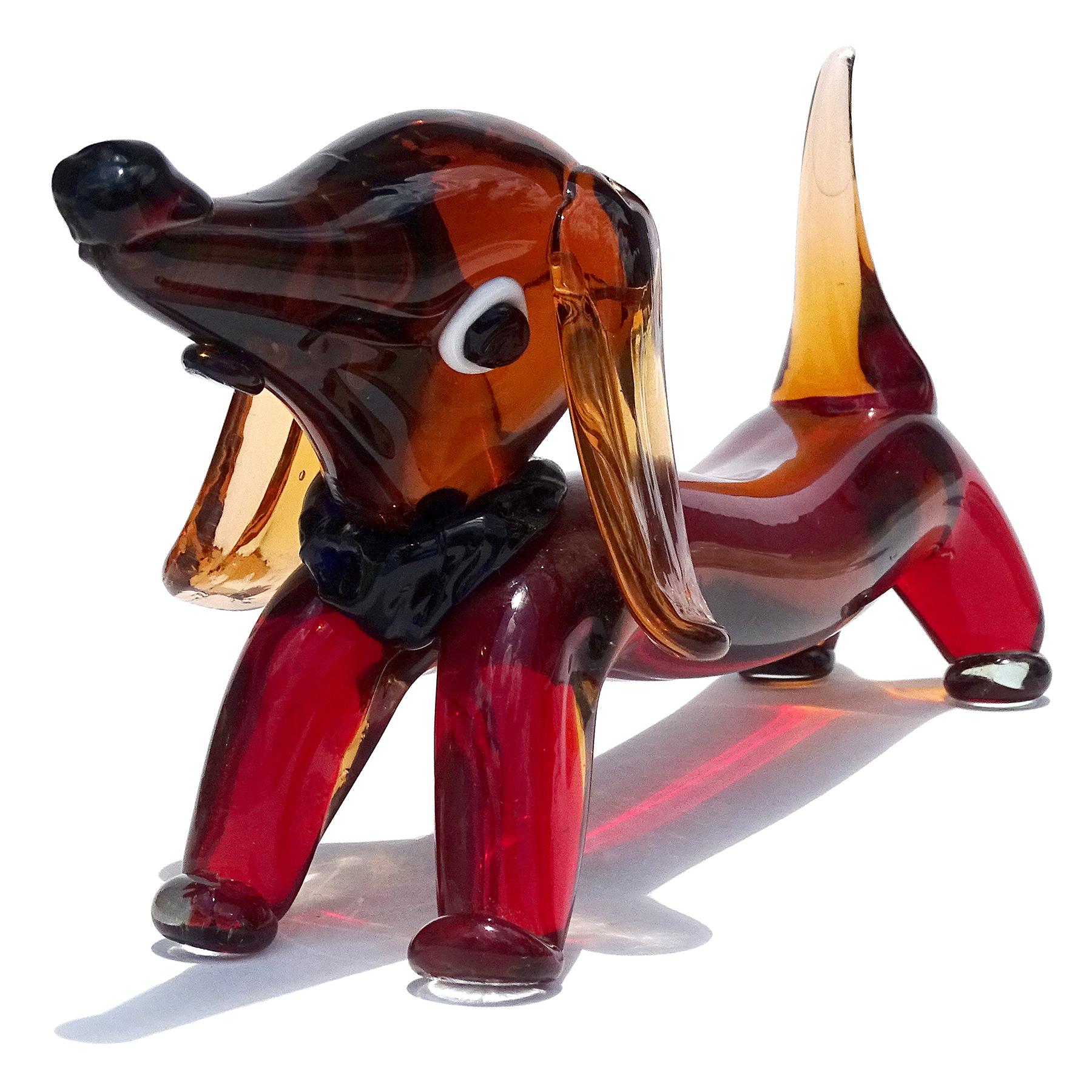 Mid-Century Modern Murano Vintage Sommerso Red Orange Italian Art Glass Dachshund Dog Sculpture For Sale