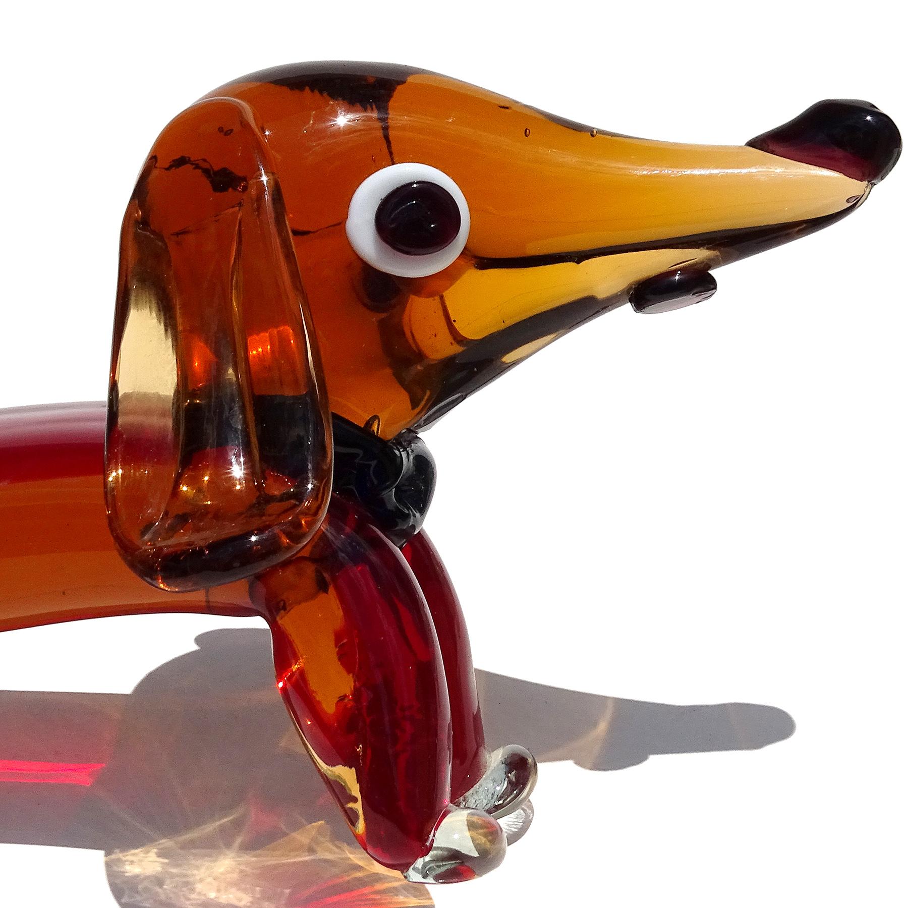 Murano Vintage Sommerso Red Orange Italian Art Glass Dachshund Dog Sculpture For Sale 1