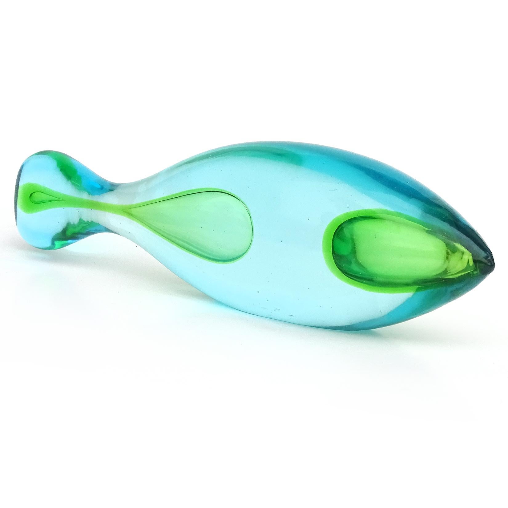 Hand-Crafted Murano Vintage Sommerso Sky Blue Green Italian Art Glass Abstract Fish Sculpture For Sale