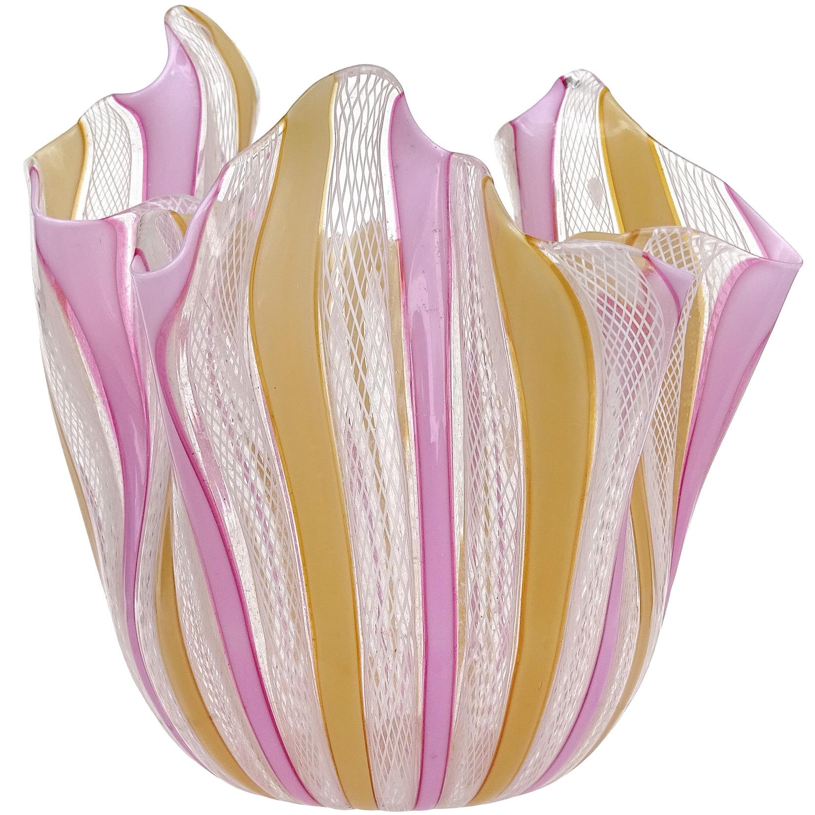 Mid-Century Modern Murano Vintage White Pink Orange Ribbons Italian Art Glass Fazzoletto Vase