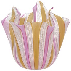 Murano Vintage White Pink Orange Ribbons Italian Art Glass Fazzoletto Vase