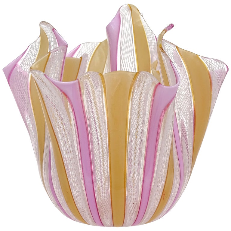 Murano Vintage White Pink Orange Ribbons Italian Art Glass Fazzoletto Vase For Sale